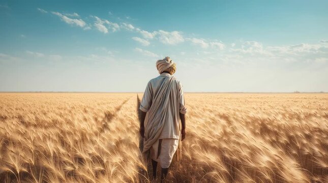 Ultra-realistic cinematic photograph taken from behind with a poor Indian farmer standing centered in the middle of endless farming fields during summer, dressed in traditional rural attire. Image com