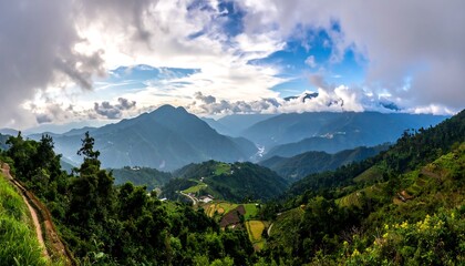 Majestic Mountain Panorama with Verdant Terraced Hills and Dramatic Clouds