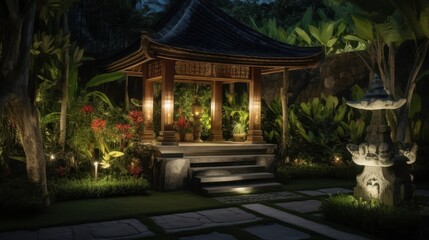 Fototapeta premium Peaceful Asian Pavilion Bathed in Golden Light Amidst Tropical Night Garden.