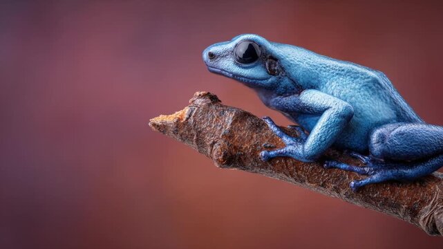 Blue frog perched on a twig against a faded maroon background, looking to the left