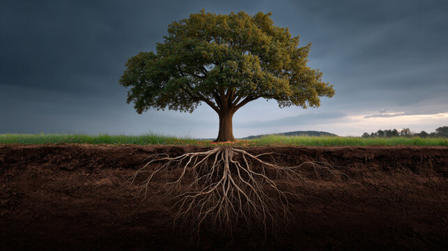 Large tree with lush green leaves stands on grassy field under moody sky, showing extensive root system spreading deep into soil, creating powerful natural scene