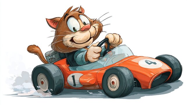 A jovial cartoon cat, with a cheerful expression, is depicted driving a vibrant orange race kart, number 1 prominently displayed, leaving a trail of motion blur suggesting speed
