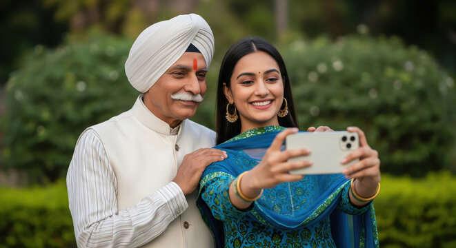 happy indian grandfather and granddaughter taking selfie with smartphone