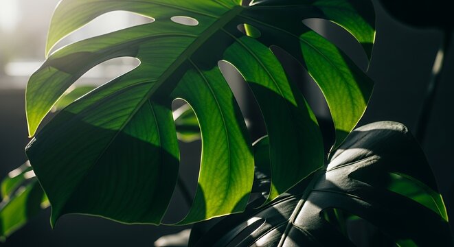 Fototapeta Organic and abstract composition focusing on the shape, color, and texture of the Swiss cheese plant leaf, suitable for wellness or nature themes