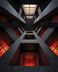 Fototapeta premium Looking up inside modern architectural building with concrete beams and warm orange lighting creating dramatic and mysterious atmosphere