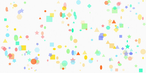 Colorful geometric shapes scattered on a white background