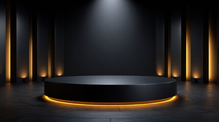 Black circular podium with warm yellow lighting in dark modern interior, spotlight shining down creating dramatic and elegant atmosphere for product display or presentation
