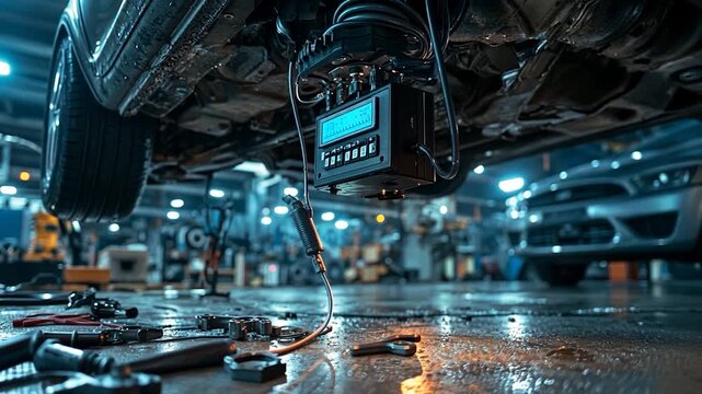 Car Undergoing Diagnostic Testing in a Modern Auto Repair Shop.