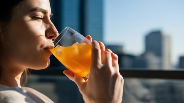 Woman savors sunny juice outdoors