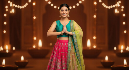 Fototapeta premium young indian woman wearing traditional lehenga celebrating diwali festival