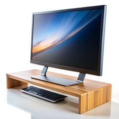 Computer Monitor on Wooden Desk Riser with Keyboard