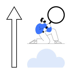 Man kneeling with a magnifying glass examining a tall upward arrow, blue cloud below. Ideal for growth, exploration, vision, development, progress, analysis, innovation in simple flat metaphor