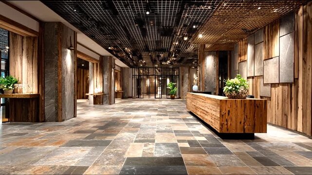 Grand hotel lobby with rustic wood accents, stone floors, and overhead grid lighting