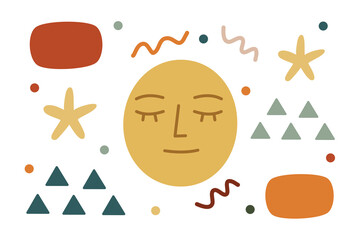 Abstract sun and moon with face. Suitable for clip art, stickers, flat design illustration, etc