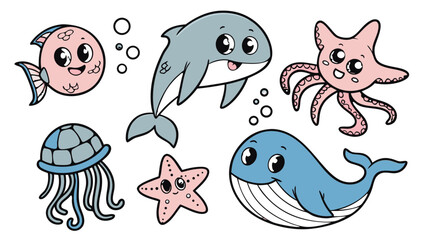 Underwater Scene Sticker Icon Set – Cute Flat Style Dolphin Jumping, Whale Splashing, Turtle Swimming, Fish in Coral Reef, Octopus, Seahorse, Crab, Starfish Vector Pack
