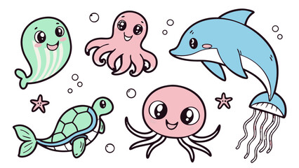 Cute Kawaii Sea Animals Sticker Icon Set – Smiling Fish, Chubby Dolphin, Baby Turtle, Happy Octopus, Seahorse, Crab, Starfish, Jellyfish, Whale and Shark Vector Pack