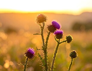 Purple thistle flowers at sunset