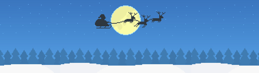 8-bit pixel art blue winter night sky with a bright pixel starlight, full moon, silhouette of santa and rudolph and a christmas background full of trees © Yejin Woo