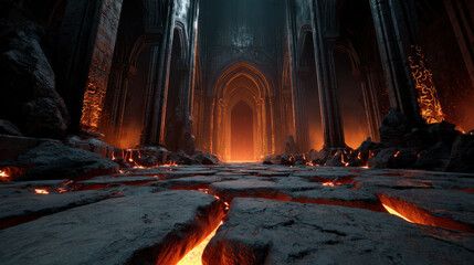 Ancient gothic cathedral interior with cracked stone floor glowing with molten lava, dark fantasy environment illuminated by fiery orange light creating dramatic atmosphere