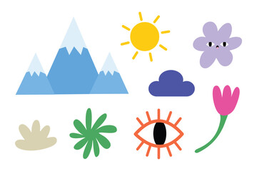 Set of abstract cute mountains and nature. Suitable for clip art, stickers, flat design illustration, etc