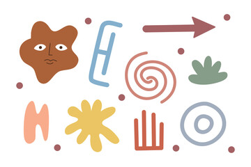Set of abstract whimsical faces and shapes. Suitable for clip art, stickers, flat design illustration, etc