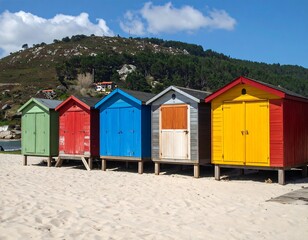 Vibrant beach huts on a sunny shore