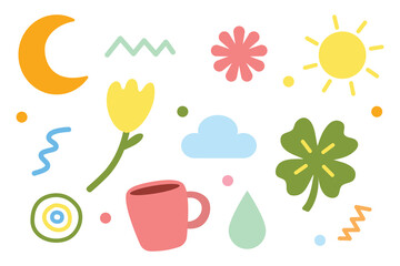 Set of cute abstract nature and cozy objects. Suitable for clip art, stickers, flat design illustration, etc