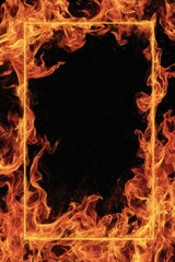 Fiery orange flames frame a bold black background, creating a dynamic visual effect.