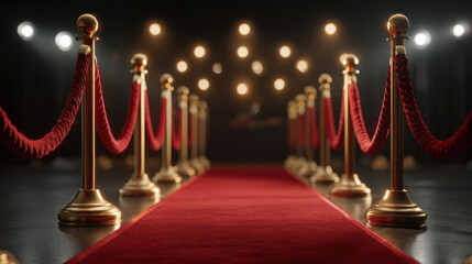 Red carpet with golden stanchions and red velvet ropes creates luxurious cinematic stage setup with warm glowing lights in background, evoking elegant and glamorous atmosphere