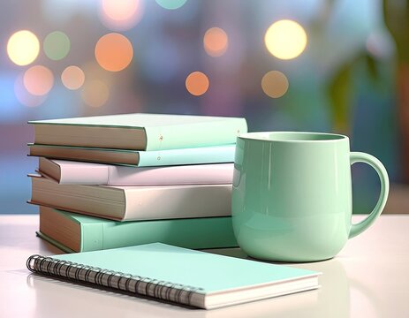 Stack of mint green books and mug on table with bokeh background. - Powered by Adobe