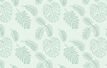 Fototapeta premium Tropical Leaves Pattern Vector Illustration Exotic Foliage Palm Monstera Drawing Isolated Light Green Background