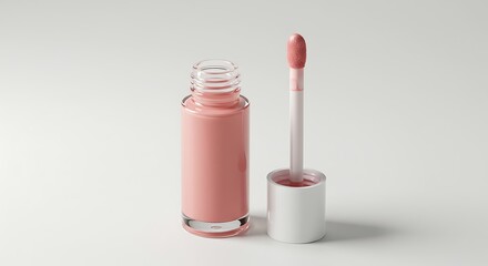 Pink lip gloss in a clear bottle with applicator, isolated on white background for commercial usage and mockups