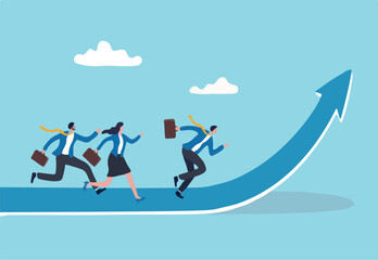 Growth strategy, career path development or growing business, employee training or improvement, job promotion concept, businessman people employees running on career path arrow in 