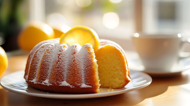 Lemon pound cake with cup of coffee with blurry background