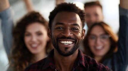 Fototapeta premium A diverse group of smiling colleagues celebrating a shared success radiating positivity in a bright energetic workplace environment