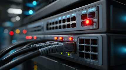 Close up of network switches with connected ethernet cables and glowing indicator lights in data center environment showing technology and connectivity