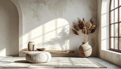 A tranquil, sunlit room, showcasing a warm aesthetic with earthy tones and natural elements.