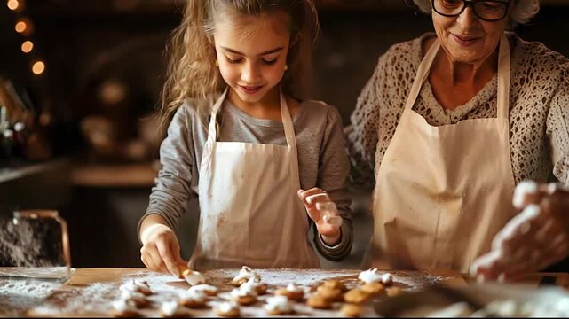 A warm, cinematic scene of a grandmother and her granddaughter baking cookies together in a cozy kitchen filled with glowing fairy lights.
