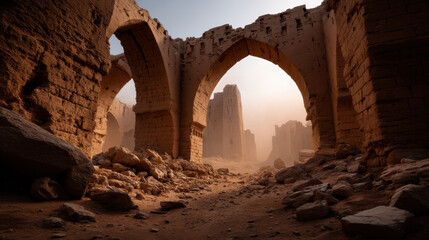 Colossal ruins of ancient desert fortress with large stone arches and scattered rocks under hazy sky, evoking mysterious and timeless atmosphere
