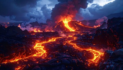 Molten rivers of lava flow down volcanic slopes, illuminated by fiery eruptions under a dramatic twilight sky.