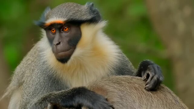 Close-up of a monkey with striking colors and texture