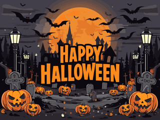 Fototapeta premium Happy Halloween Vector Illustration – Spooky Graveyard Scene with Pumpkins