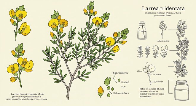 Botanical illustration of creosote bush larrea tridentata and detailed elements