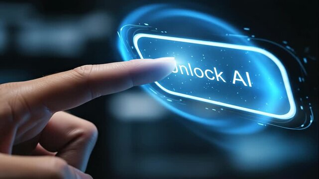Finger Pressing Unlock AI Hologram Button - A finger presses a glowing blue holographic button that says "Unlock AI".