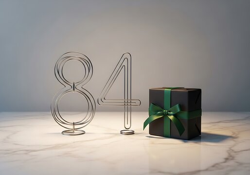 Modern Silver Wireframe Number 84 and Black Gift with Green Ribbon on Marble Surface