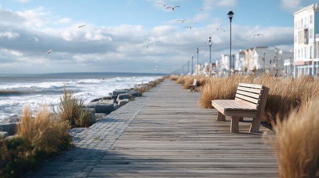 Seaside Boardwalk View with Birds Flying Above Wavy Blue Sea Under Cloudy Sky Beside Buildings and Grasses in Sunny Day With Golden Light