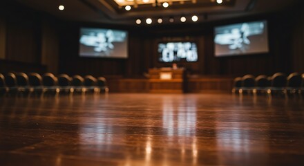 Empty auditorium with wooden floor and stage with projector screens for commercial usage and mockups