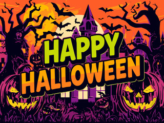 Happy Halloween Vector Illustration – Spooky Graveyard Scene with Pumpkins