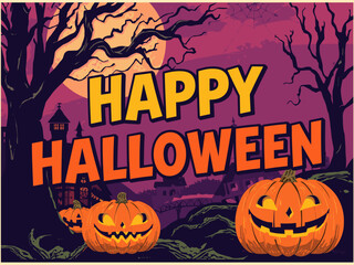 Happy Halloween Vector Illustration – Spooky Graveyard Scene with Pumpkins