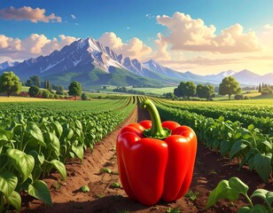 Vibrant red bell pepper in a lush green farm landscape